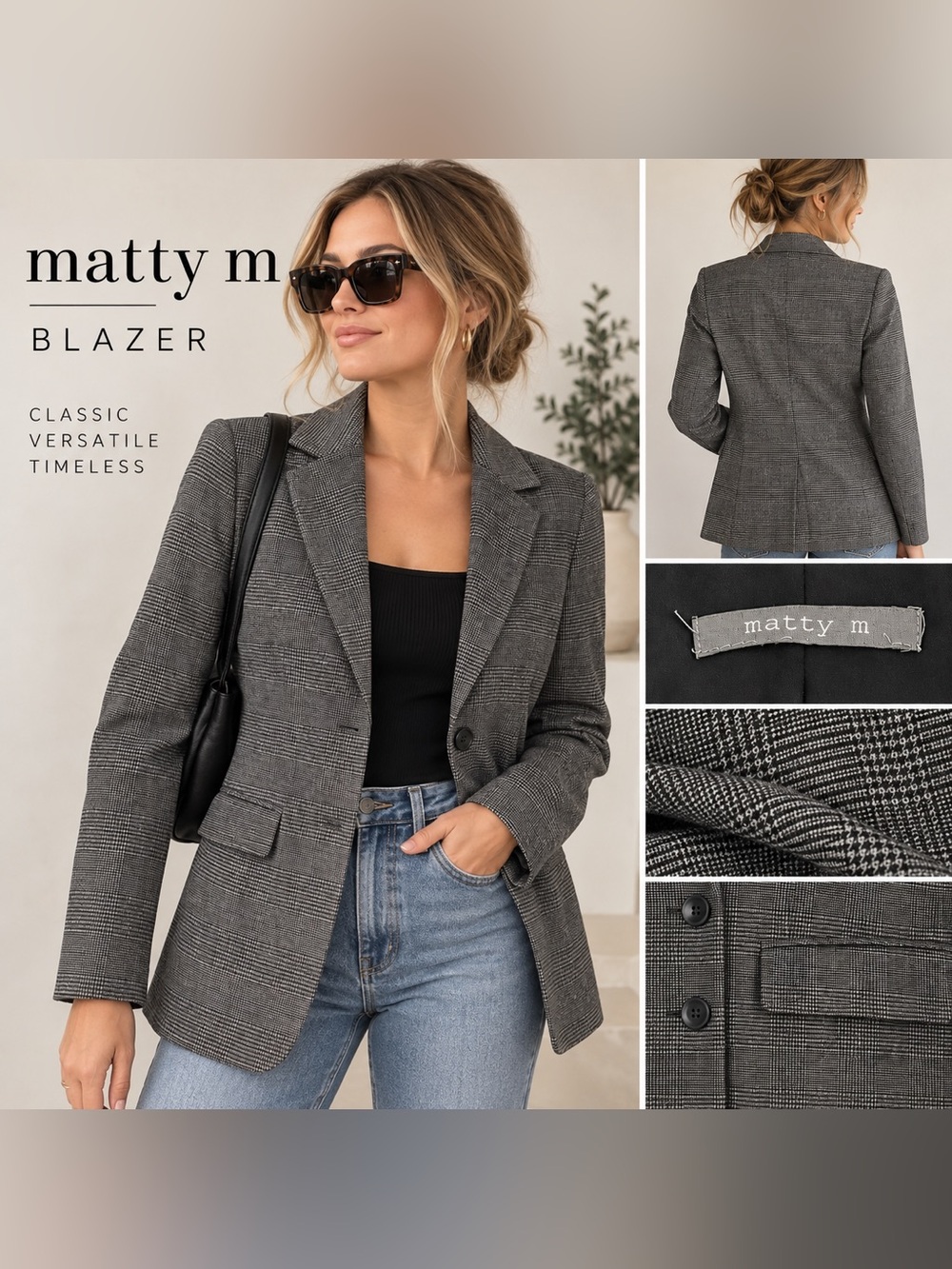 Matty M Women's Gray Plaid Blazer Size M Tailored Business Casual Jacket